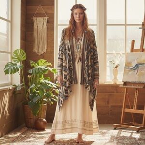 Free People Aztec Bohemian Southwestern Knit Cardigan Sweater S Wool Blend